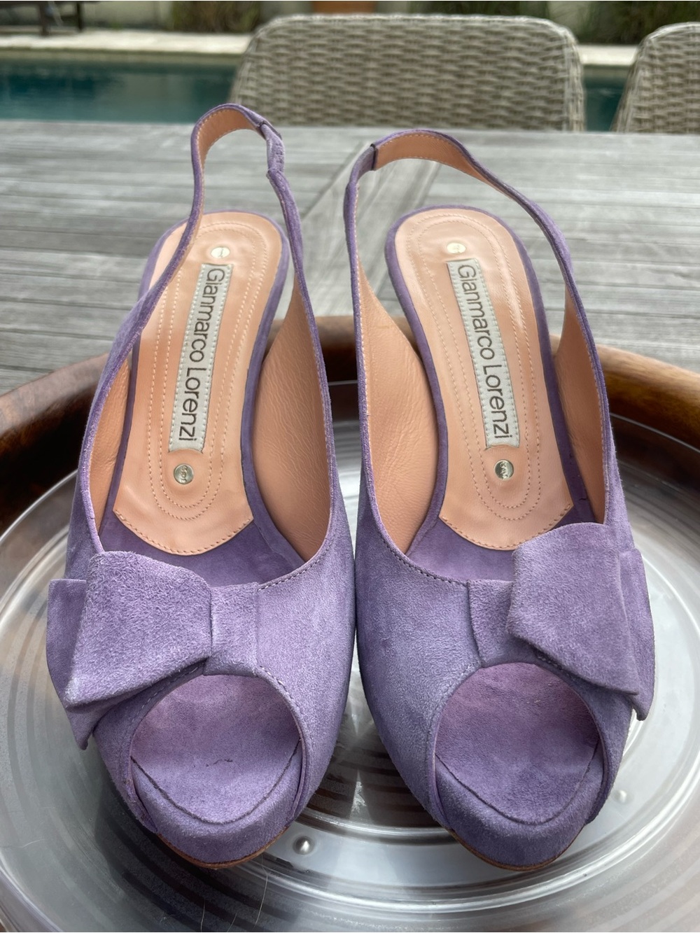 Gianmarco Lorenzi Lilac Suede Slingback Mules with Bow